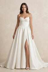 Satin Sweetheart A - Line Ruched Wedding Dress With Slit in Ivory - KISS BRIDAL Wedding Dresses