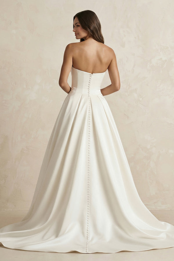 Satin Sweetheart A - Line Ruched Wedding Dress With Slit in Ivory - SHE IS ME Wedding Dresses