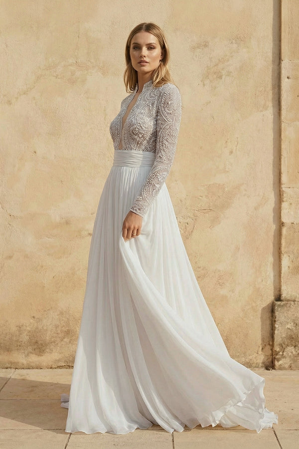 Scalloped Neck A Line Chiffon Wedding Dress in White and Nude - SHE IS ME Wedding Dresses