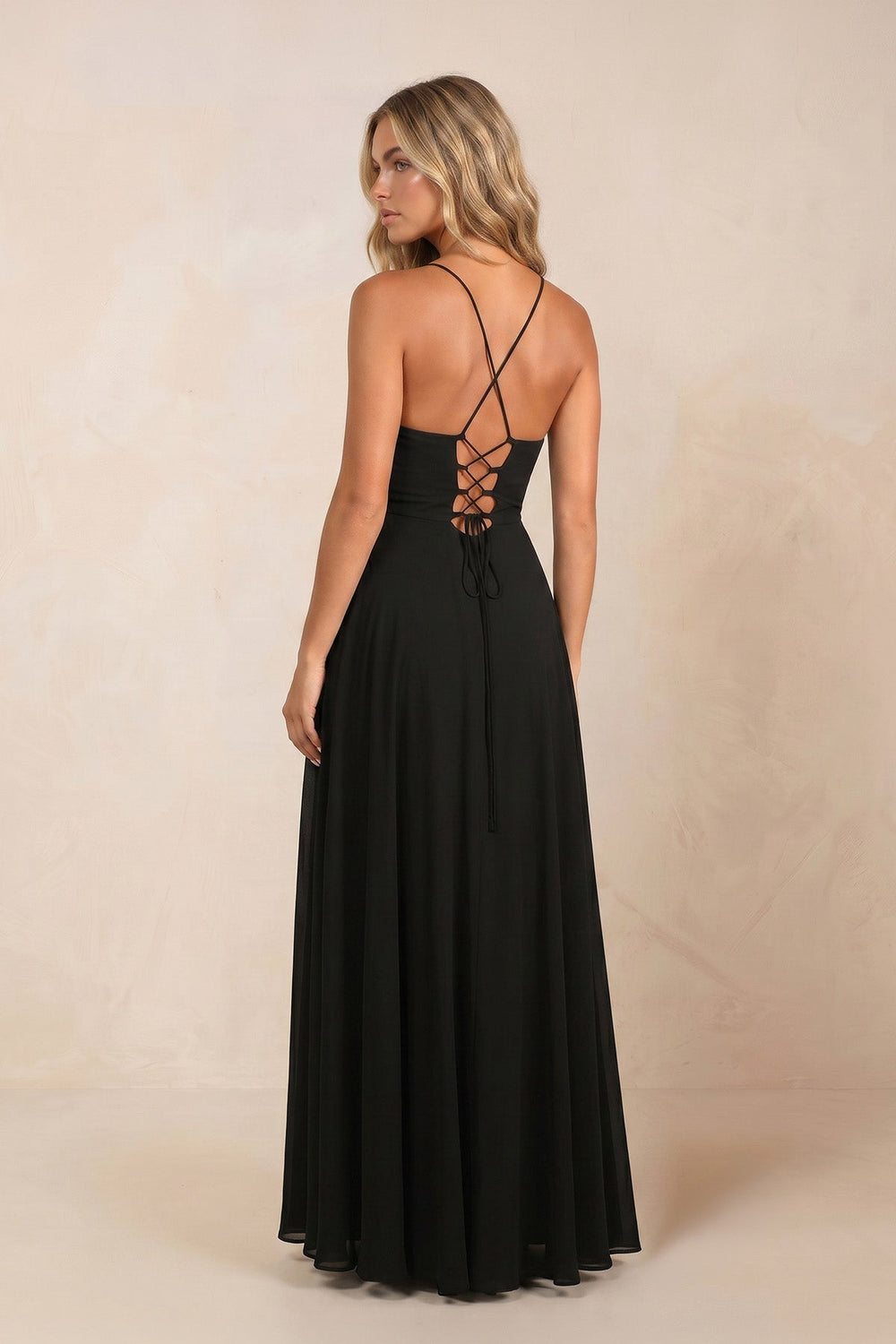 Scoop Neck A - Line Chiffon Maxi Dress in Black - KISS BRIDAL Dresses