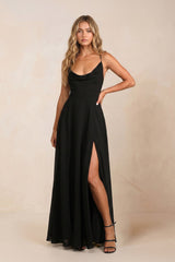 Scoop Neck A - Line Chiffon Maxi Dress in Black - KISS BRIDAL