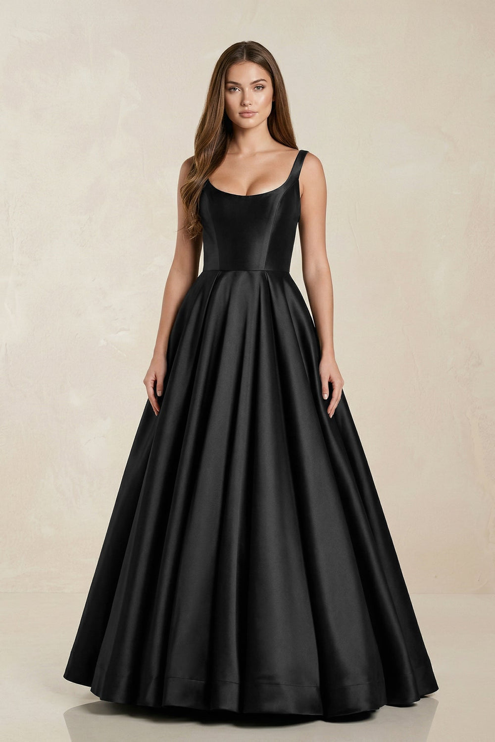 Scoop Neck A - Line Satin Maxi Wedding Dress in Black - KISS BRIDAL Wedding Dresses