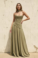 Scoop Neck Corset Gown with Scarf in Olive - KISS BRIDAL