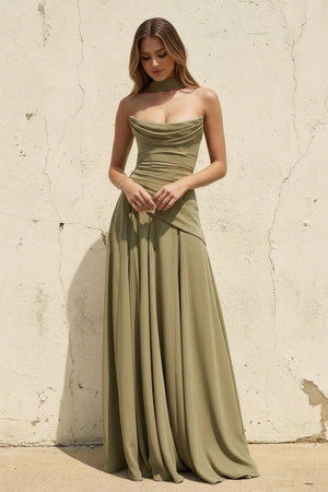 Scoop Neck Corset Gown with Scarf in Olive - SHE IS ME