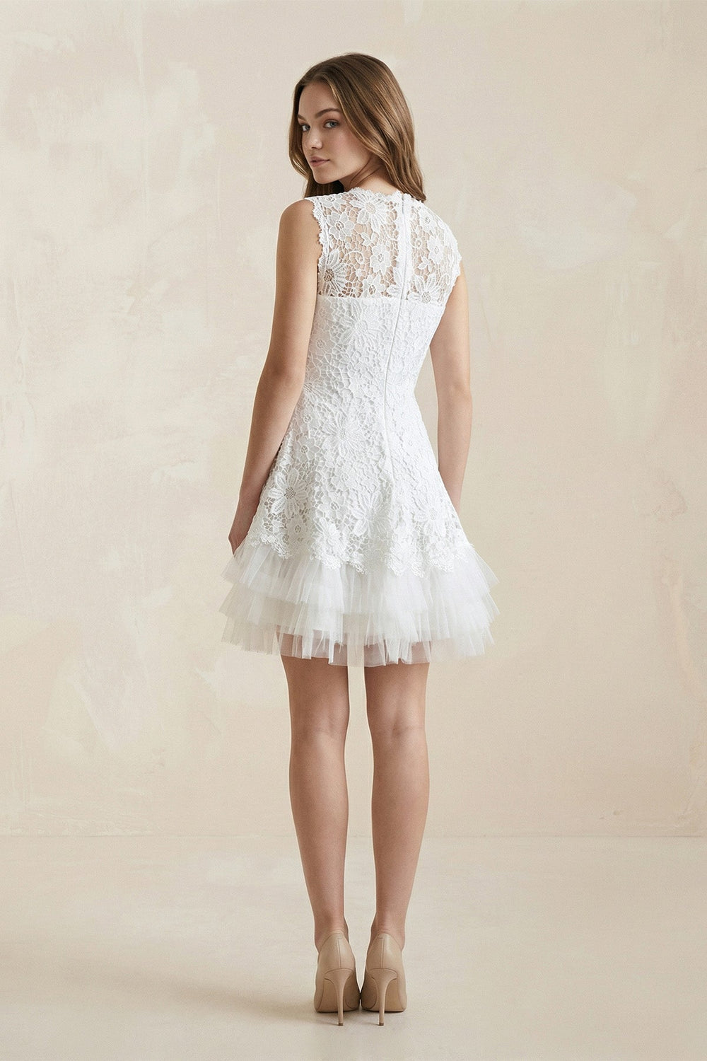 Scoop Neck Lace A - Line Mini Wedding Dress in White - KISS BRIDAL Wedding Dresses