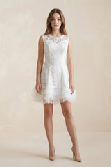 Scoop Neck Lace A - Line Mini Wedding Dress in White - KISS BRIDAL Wedding Dresses