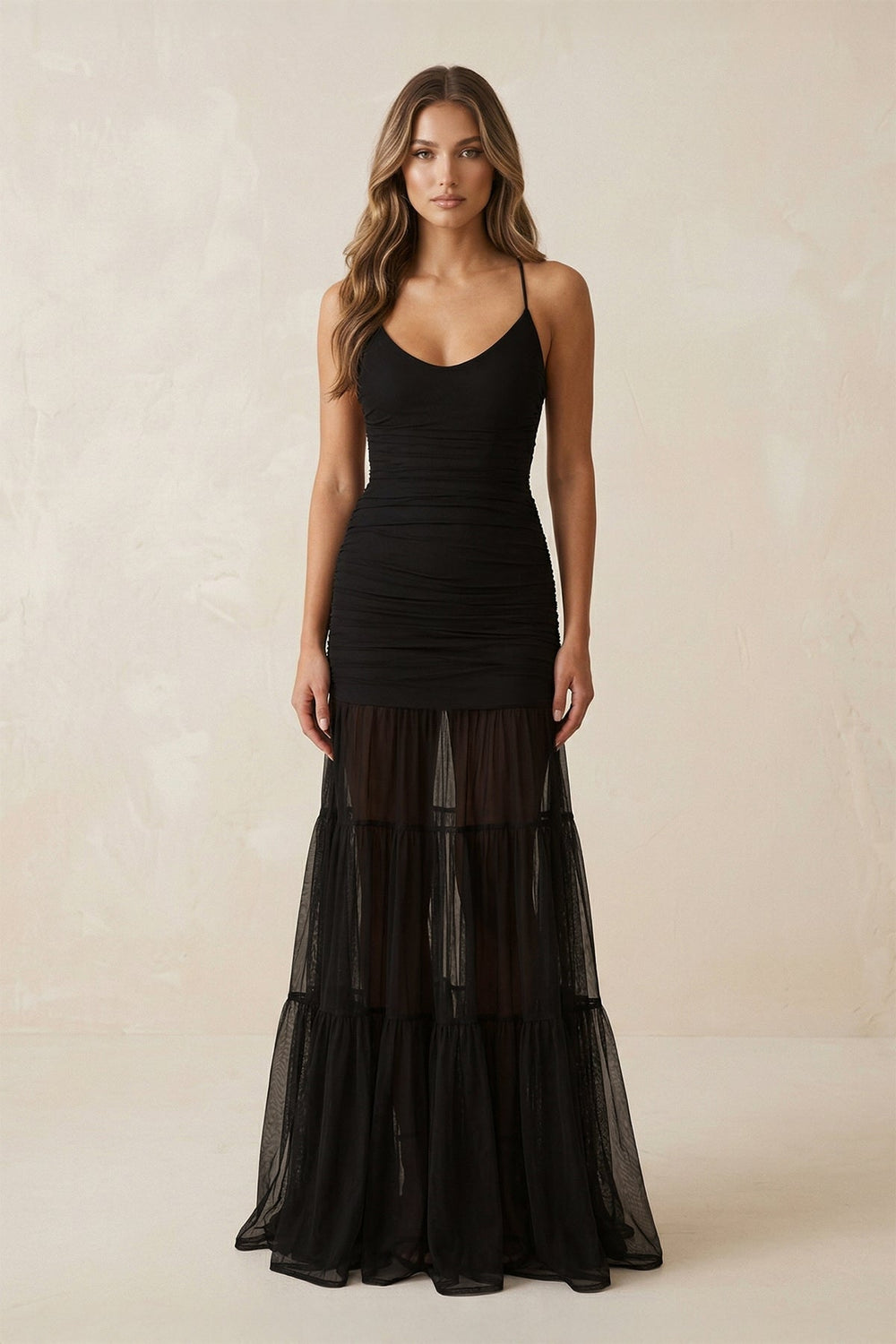 Scoop Neck Mermaid Tulle Ruched Lace - up Wedding Dress in Black - KISS BRIDAL Wedding Dresses