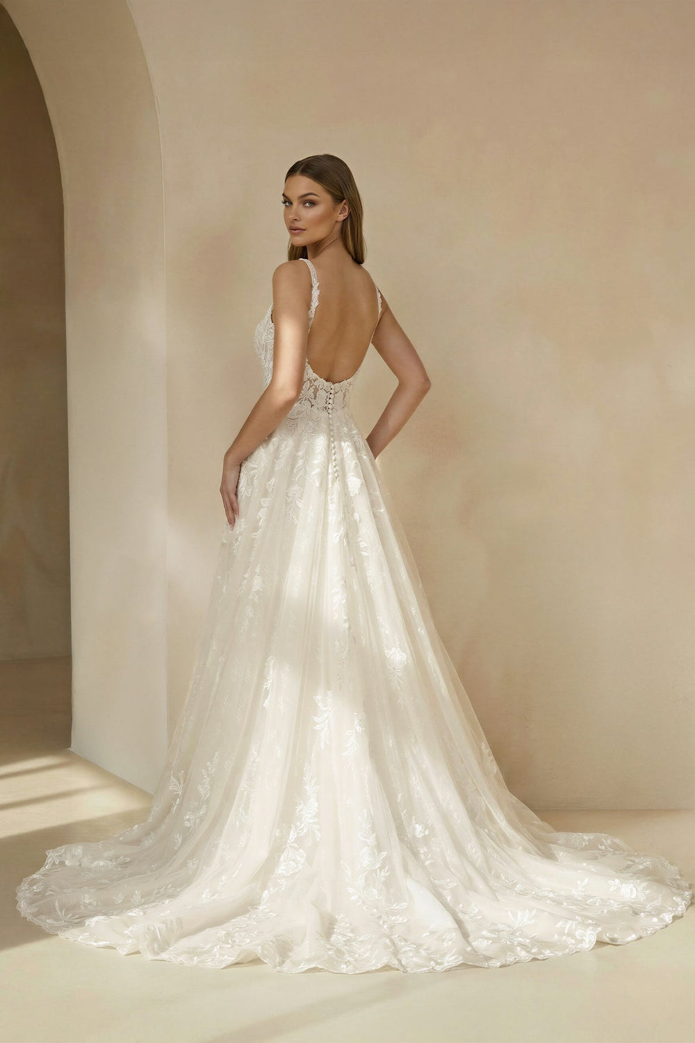 Spaghetti Straps Open Back Lace Wedding Dress in Diamond White