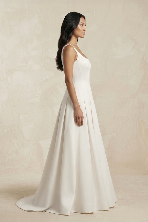 Scoop Neck Satin A - Line Pleated Wedding Dress in Ivory - SHE IS ME Wedding Dresses