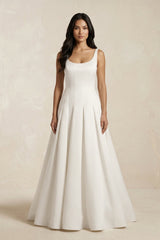 Scoop Neck Satin A - Line Pleated Wedding Dress in Ivory - KISS BRIDAL Wedding Dresses