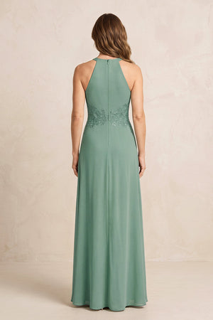 Sea Glass A-Line Chiffon Embroidered Halter Mother of the Bride Dress (2) | KISSBRIDAL