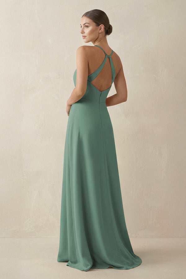 Sea Glass A-Line Chiffon Long Bridesmaid Dress With Slit (2) | KISSBRIDAL