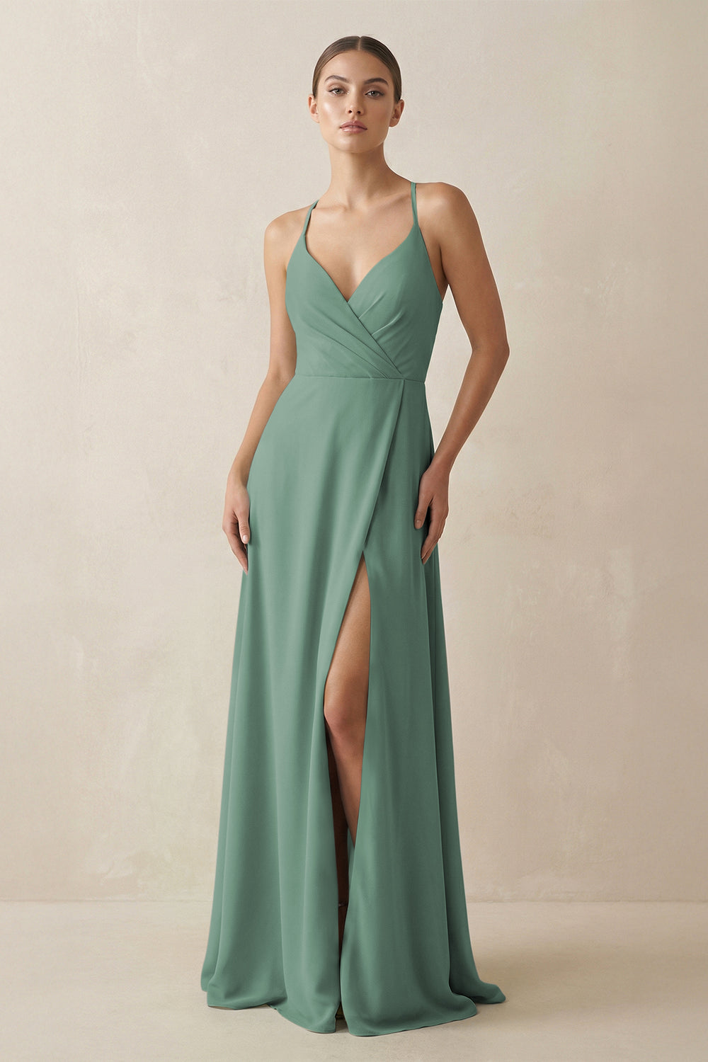 A-Line Chiffon Long Bridesmaid Dress With Slit in Sea Glass