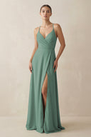 Sea Glass A-Line Chiffon Long Bridesmaid Dress With Slit | KISSBRIDAL