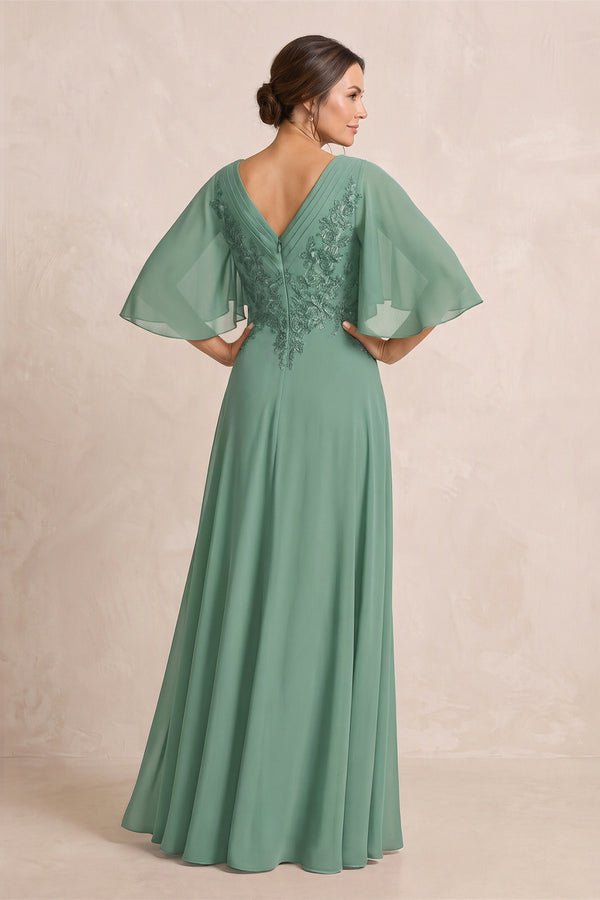 Sea Glass A-Line Embroidered Chiffon Mother of the Bride Dress With Sleeves (2) | KISSBRIDAL