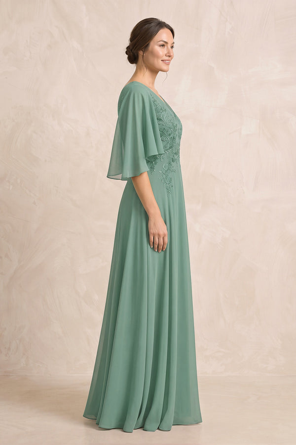 Sea Glass A-Line Embroidered Chiffon Mother of the Bride Dress With Sleeves (3) | KISSBRIDAL