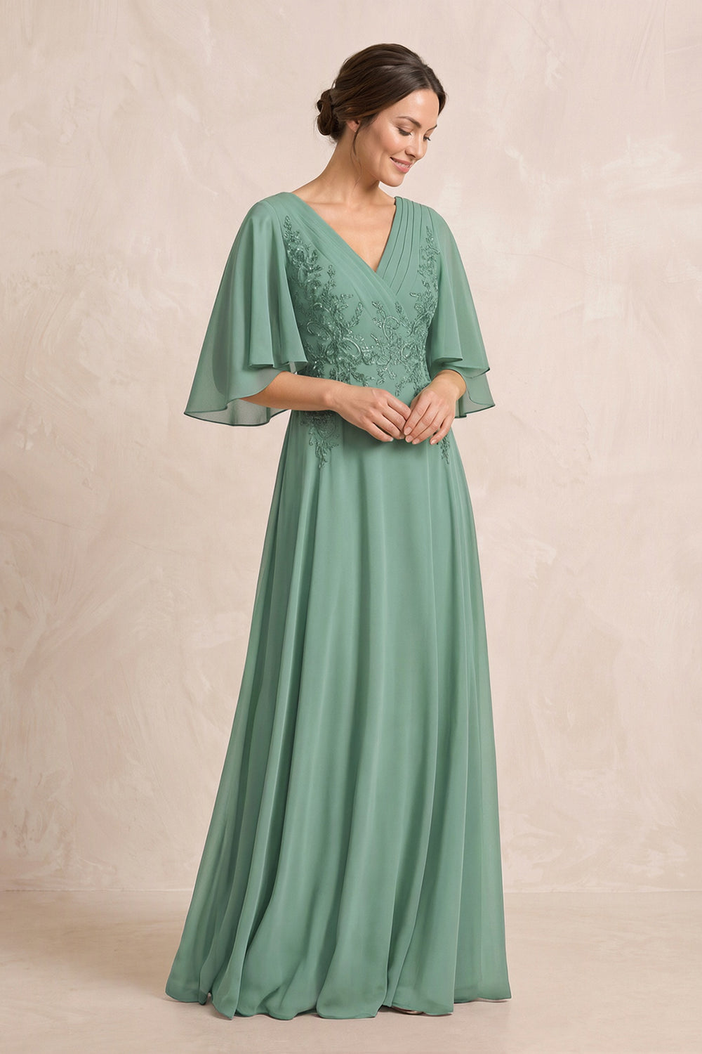Sea Glass A-Line Embroidered Chiffon Mother of the Bride Dress With Sleeves