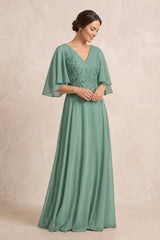 Sea Glass A-Line Embroidered Chiffon Mother of the Bride Dress With Sleeves | KISSBRIDAL