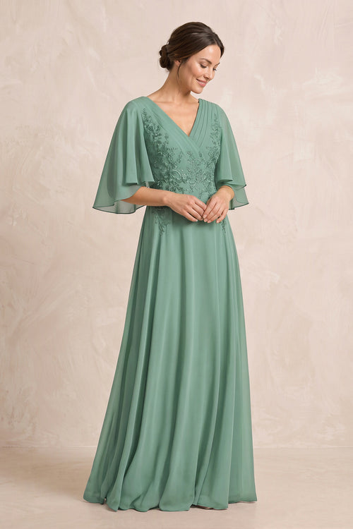 Sea Glass A-Line Embroidered Chiffon Mother of the Bride Dress With Sleeves | KISSBRIDAL