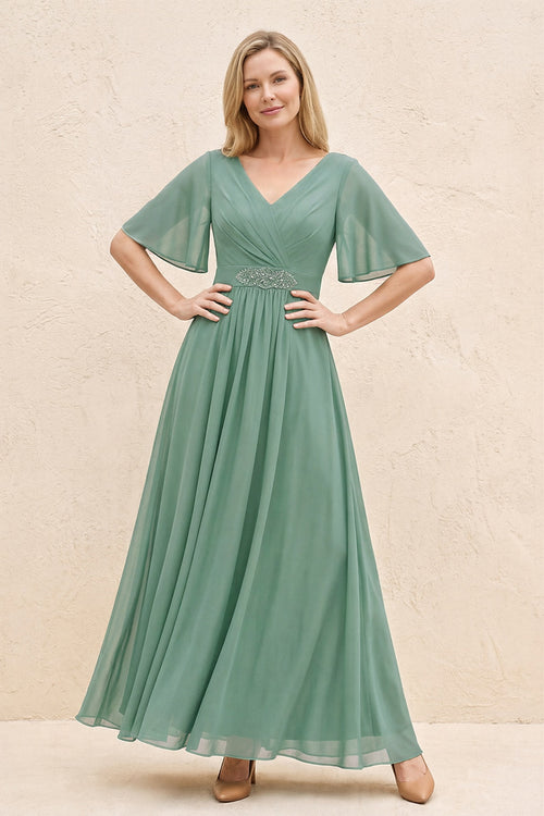 Sea Glass A-Line Flutter Sleeves Chiffon Mother of the Bride Dress | KISSBRIDAL