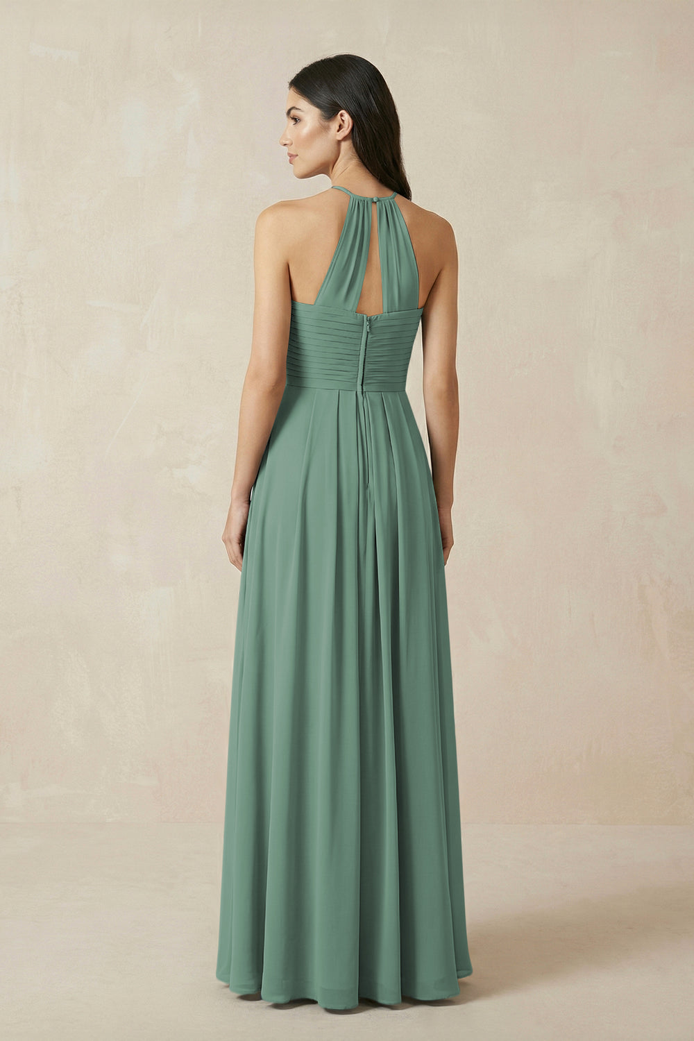 A-Line Halter Neck Pleated Chiffon Bridesmaid Dress in Sea Glass