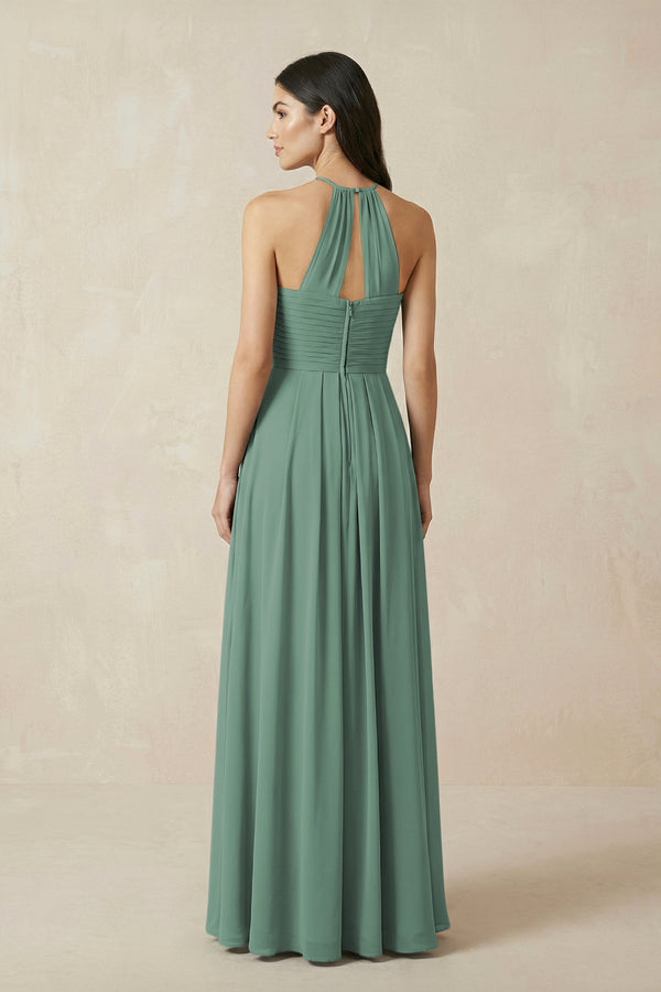 Sea Glass A-Line Halter Neck Pleated Chiffon Bridesmaid Dress (2) | KISSBRIDAL