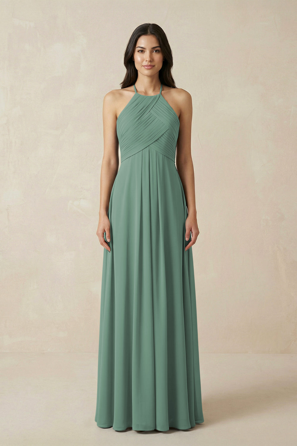 A-Line Halter Neck Pleated Chiffon Bridesmaid Dress in Sea Glass
