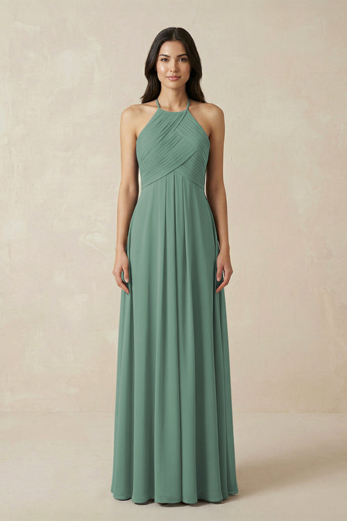 Sea Glass A-Line Halter Neck Pleated Chiffon Bridesmaid Dress | KISSBRIDAL