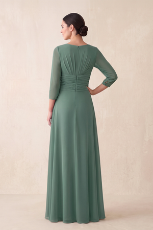Sea Glass A-Line Mesh V-Neck Mother of the Bride Dress With Sleeves (2) | KISSBRIDAL