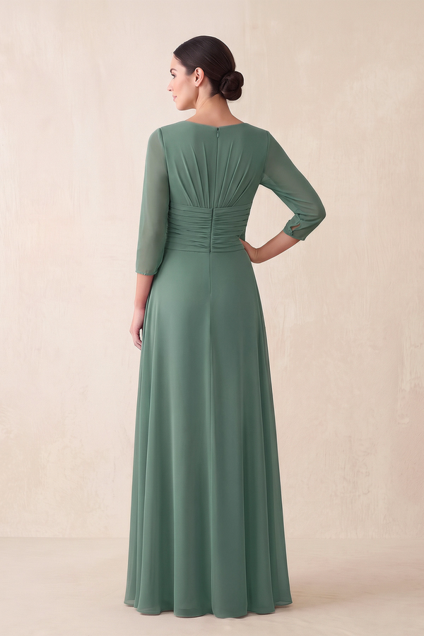Sea Glass A-Line Mesh V-Neck Mother of the Bride Dress With Sleeves (2) | KISSBRIDAL