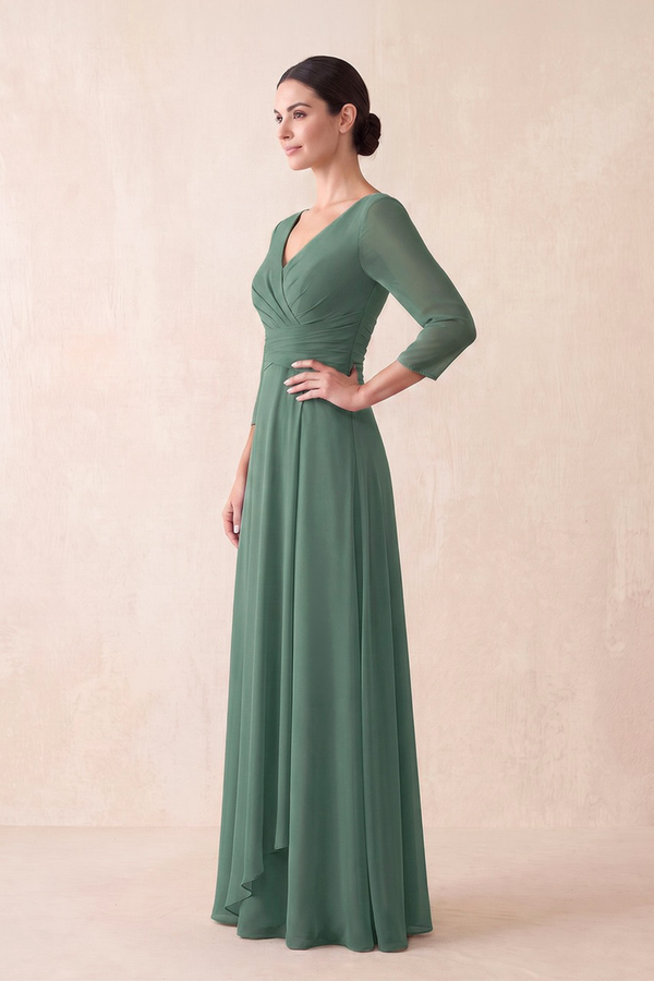 Sea Glass A-Line Mesh V-Neck Mother of the Bride Dress With Sleeves (3) | KISSBRIDAL