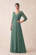 Sea Glass A-Line Mesh V-Neck Mother of the Bride Dress With Sleeves | KISSBRIDAL