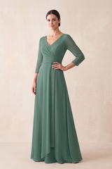 Sea Glass A-Line Mesh V-Neck Mother of the Bride Dress With Sleeves | KISSBRIDAL