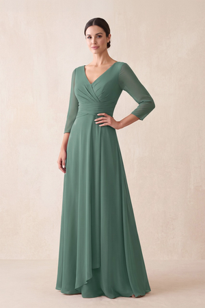 Sea Glass A-Line Mesh V-Neck Mother of the Bride Dress With Sleeves | KISSBRIDAL