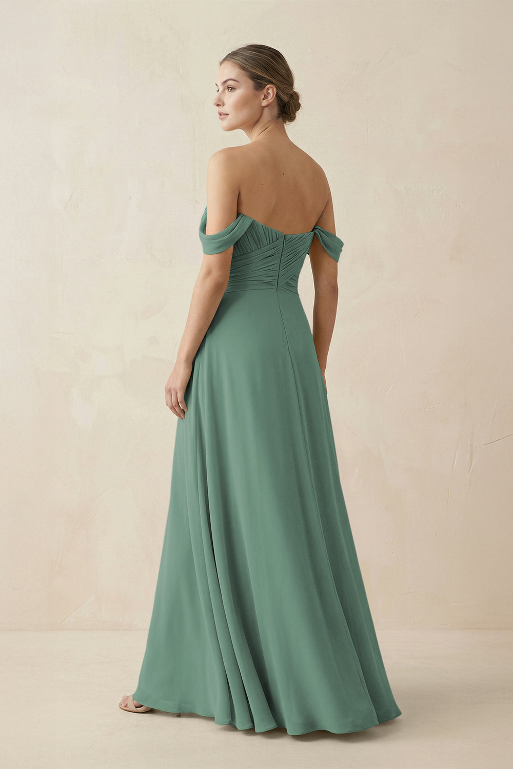 A-Line Off-the-Shoulder Chiffon Bridesmaid Dress in Sea Glass