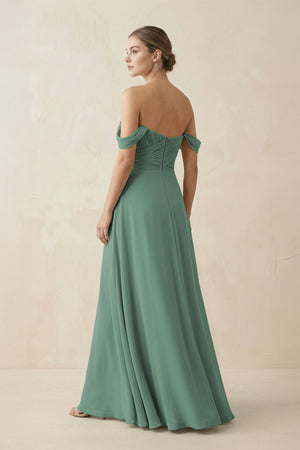 Sea Glass A-Line Off-the-Shoulder Chiffon Bridesmaid Dress (2) | KISSBRIDAL