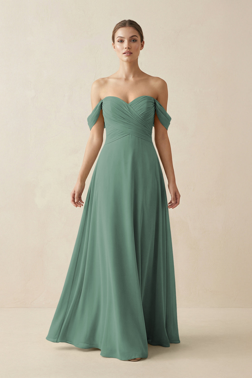 A-Line Off-the-Shoulder Chiffon Bridesmaid Dress in Sea Glass