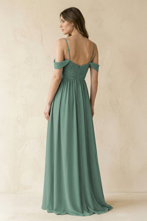 Sea Glass A-Line Off-the-Shoulder Pleated Chiffon Bridesmaid Dress (2) | KISSBRIDAL