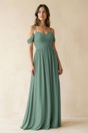 Sea Glass A-Line Off-the-Shoulder Pleated Chiffon Bridesmaid Dress | KISSBRIDAL