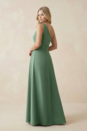 Sea Glass A-Line One-Shoulder Ruched Satin Bridesmaid Dress (2) | KISSBRIDAL