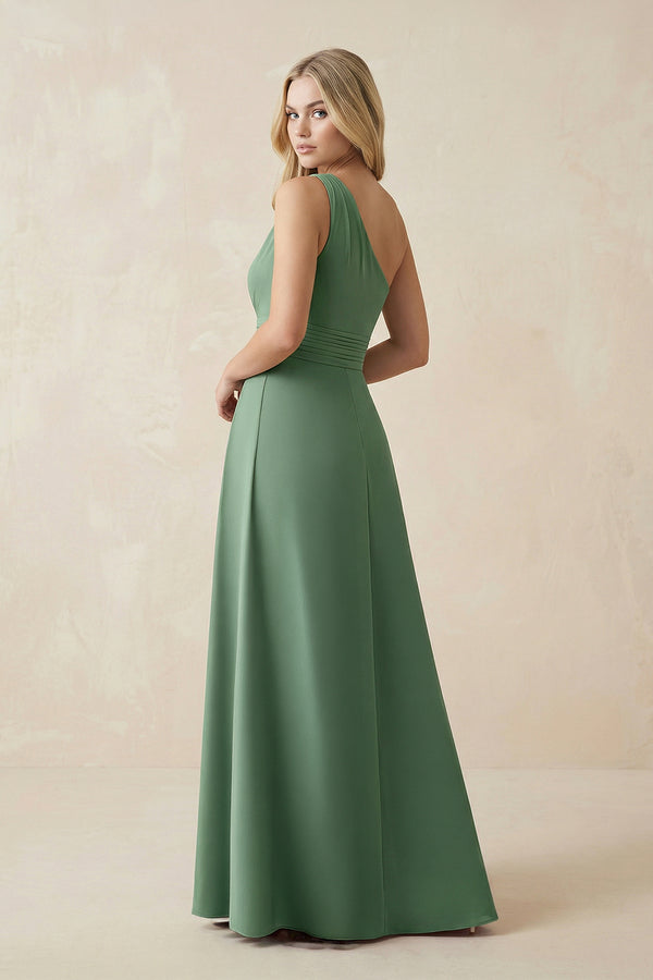 Sea Glass A-Line One-Shoulder Ruched Satin Bridesmaid Dress (2) | KISSBRIDAL