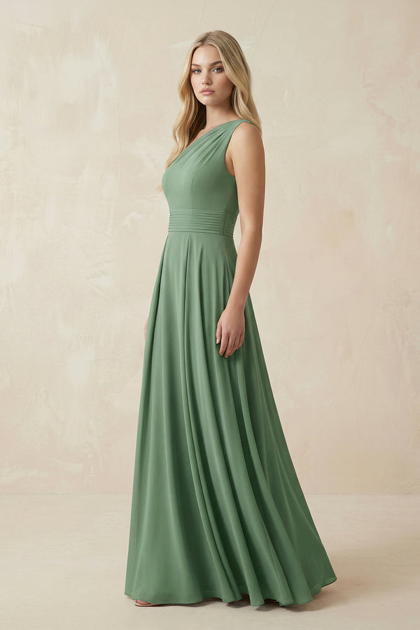 Sea Glass A-Line One-Shoulder Ruched Satin Bridesmaid Dress (3) | KISSBRIDAL