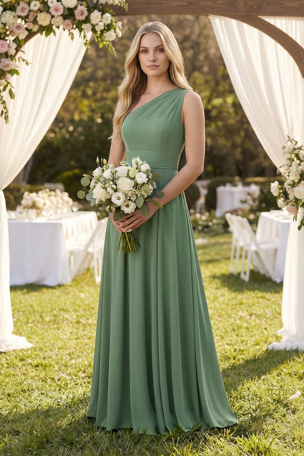 Sea Glass A-Line One-Shoulder Ruched Satin Bridesmaid Dress (4) | KISSBRIDAL