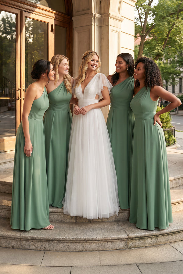 Sea Glass A-Line One-Shoulder Ruched Satin Bridesmaid Dress (5) | KISSBRIDAL