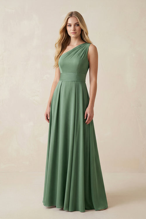 Sea Glass A-Line One-Shoulder Ruched Satin Bridesmaid Dress | KISSBRIDAL