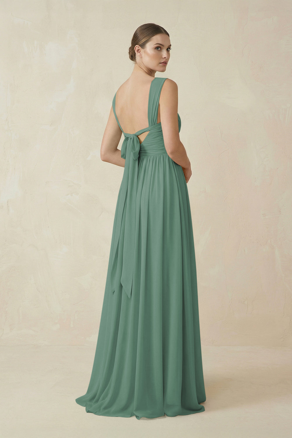 A-Line Pleated Chiffon Long Bridesmaid Dress in Sea Glass