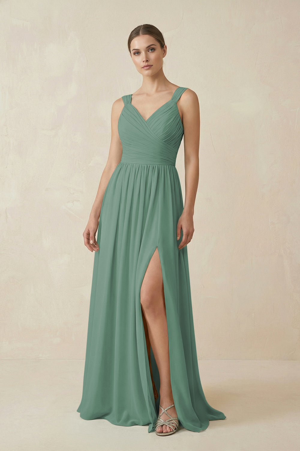 A-Line Pleated Chiffon Long Bridesmaid Dress in Sea Glass