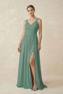 Sea Glass A-Line Pleated Chiffon Long Bridesmaid Dress | KISSBRIDAL