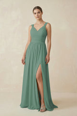 Sea Glass A-Line Pleated Chiffon Long Bridesmaid Dress | KISSBRIDAL