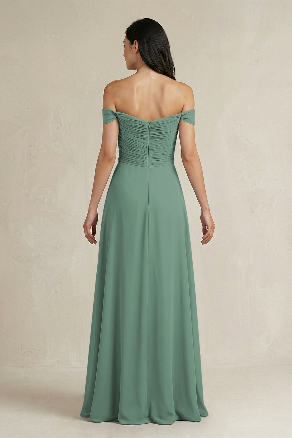 A-Line Pleated Off-the-Shoulder Chiffon Bridesmaid Dress in Sea Glass
